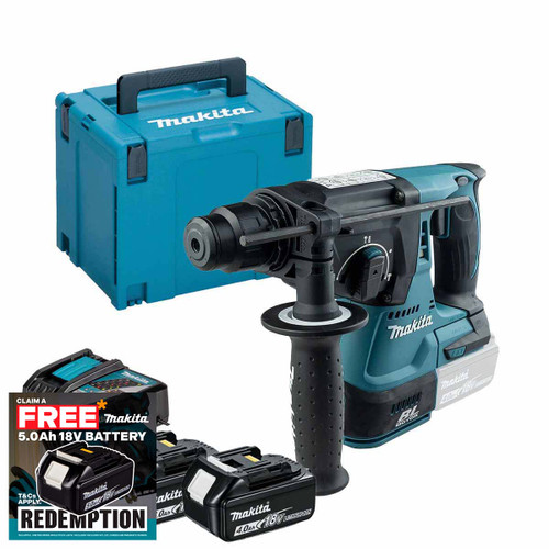 Makita DHR242Z 18V Brushless SDS+ Rotary Hammer Drill with 2x 4.0Ah Battery, Charger and Makpac Carry Case