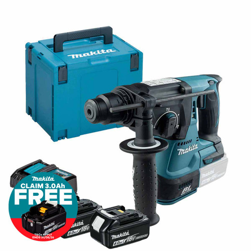 Makita DHR242Z 18V Brushless SDS+ Rotary Hammer Drill with 2x 6.0Ah Batteries, Charger and Makpac Carry Case