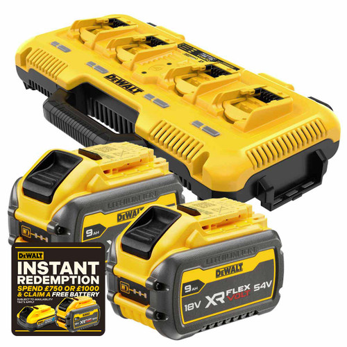 DeWalt DCB104-GB 18V/54V Flexvolt 4 Port Charger & 2x DCB547-XJ XR 9.0Ah Batteries