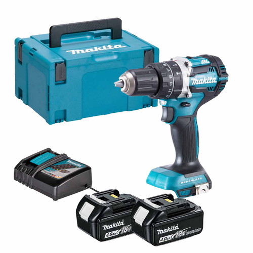 Makita DHP484Z 18V LXT Brushless Combi Drill with 2x 4.0Ah Batteries, Charger and Makpac Carry Case
