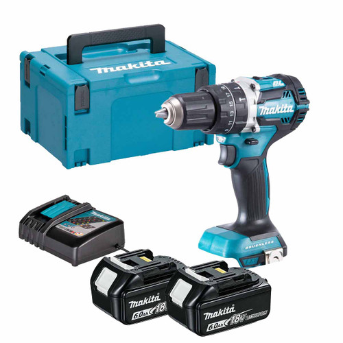 Makita DHP484Z 18V LXT Brushless Combi Drill with 2x 6.0Ah Batteries, Charger and Makpac Carry Case