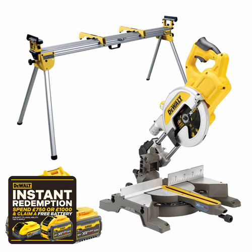 DeWalt DCS777N-XJ 54V XR Flexvolt 216mm Cordless Mitre Saw with 2x 6.0Ah Batteries, Charger and Stand