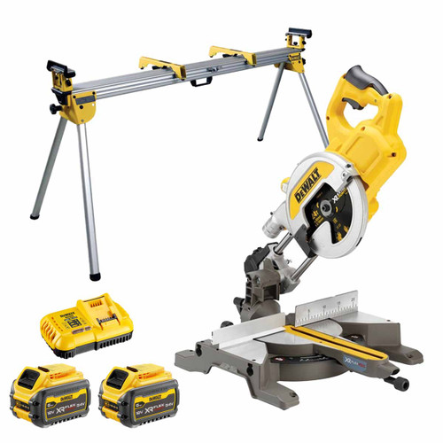 DeWalt DCS777N-XJ 54V XR Flexvolt 216mm Cordless Mitre Saw with 2x 6.0Ah Batteries, Charger and Stand