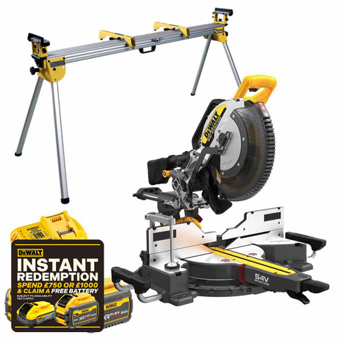 DeWalt DCS781N 54V XR Flexvolt Brushless 305mm Mitre Saw with 2x 9.0Ah Batteries, Charger and Stand