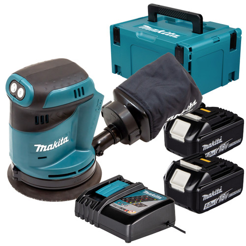 Makita DBO180Z 18V LXT 125mm Random Orbit Sander with 2x 5.0Ah Batteries, Charger and Makpac Carry Case