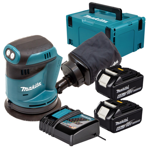 Makita DBO180Z 18V LXT 125mm Random Orbit Sander with 2x 6.0Ah Batteries, Charger and Makpac Carry Case
