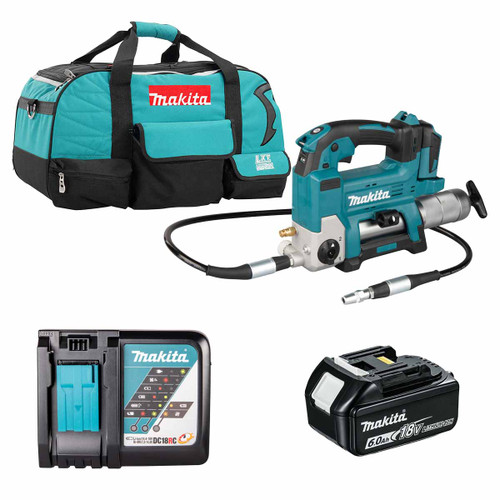 Makita DGP180Z LXT 18V Grease Gun with 1x 6.0Ah Battery, Charger and Heavy Duty Tool Bag