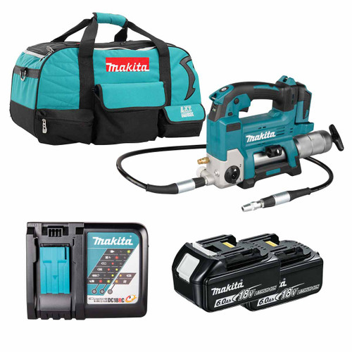 Makita DGP180Z LXT 18V Grease Gun with 2x 6.0Ah Batteries, Charger and Heavy Duty Tool Bag