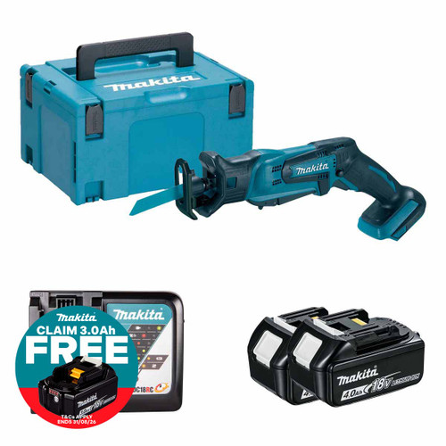 Makita DJR183Z 18V Cordless Mini Reciprocating Saw with 2x 4.0Ah Batteries, Charger and Makpac Carry Case