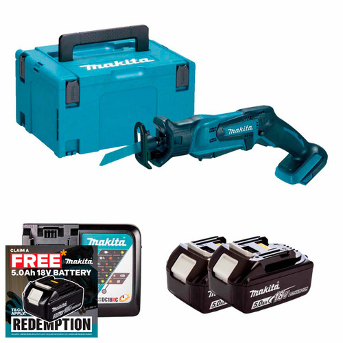 Makita DJR183Z 18V Cordless Mini Reciprocating Saw with 2x 5.0Ah Batteries, Charger and Makpac Carry Case