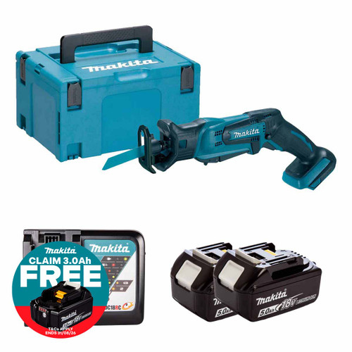 Makita DJR183Z 18V Cordless Mini Reciprocating Saw with 2x 5.0Ah Batteries, Charger and Makpac Carry Case