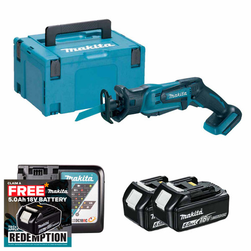 Makita DJR183Z 18V Cordless Mini Reciprocating Saw with 2x 6.0Ah Batteries, Charger and Makpac Carry Case