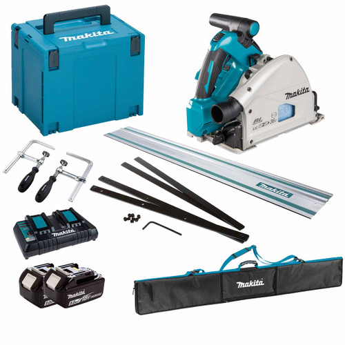 Makita DSP600ZJ Twin 18V LXT 165mm Cordless Plunge Saw with 2x 5.0Ah Batteries, Charger, Makpac Case and 1.5m Guide Rail with Accessories