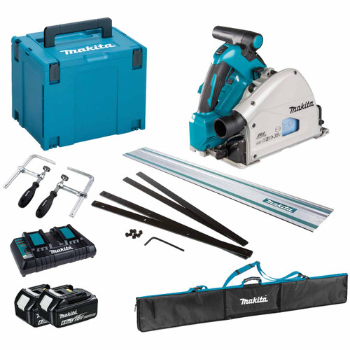 Makita DSP600ZJ Twin 18V LXT 165mm Cordless Plunge Saw with 2x 6.0Ah Batteries, Charger, Makpac Case and 1m Guide Rail with Accessories