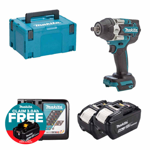 Makita DTW700Z 18V Brushless 1/2" Impact Wrench with 2x 9.0Ah Batteries, Charger and Makpac Carry Case