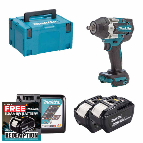 Makita DTW700Z 18V Brushless 1/2" Impact Wrench with 2x 9.0Ah Batteries, Charger and Makpac Carry Case