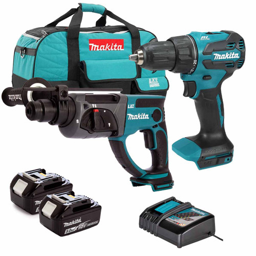 Makita 18V LXT Brushless SDS+ Rotary Hammer and Combi Drill Kit with 2x 5.0Ah Batteries, Charger and Tool Bag