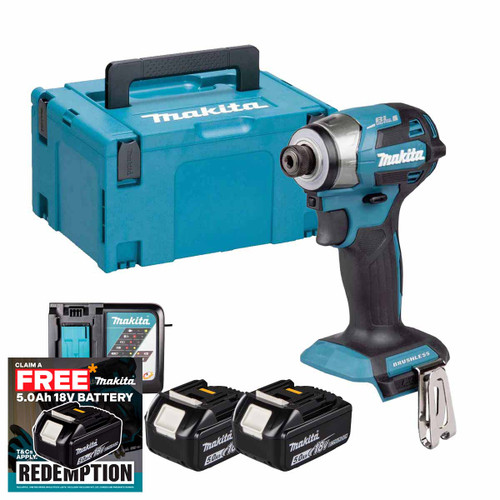 Makita DTD173Z 18V Brushless Impact Driver with 2x 5.0Ah Batteries, Charger & Makpac Carry Case