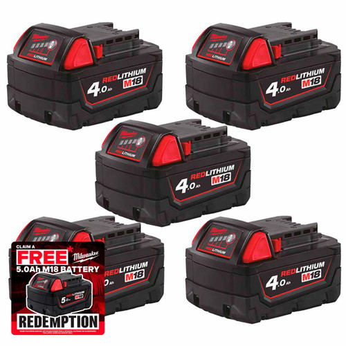 Milwaukee M18B4 18V 4.0Ah REDLITHIUM™ Battery (5 Pack)
