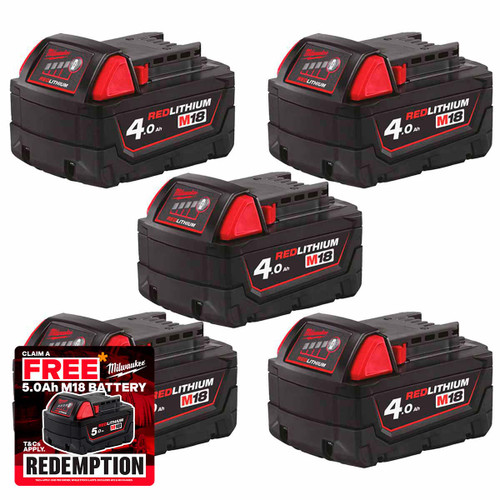 Milwaukee M18B4 18V 4.0Ah REDLITHIUM™ Battery (5 Pack)