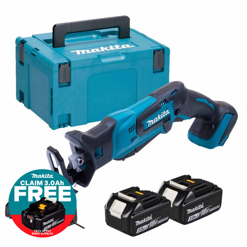 Makita DJR185Z 18V Cordless Mini Reciprocating Saw with 2x 3.0Ah Batteries, Charger and Makpac Carry Case