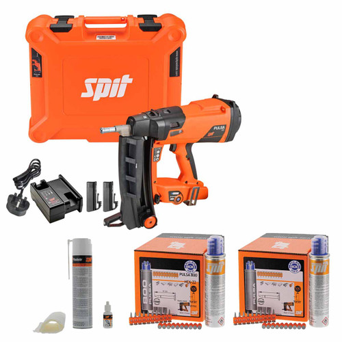 Spit 019440 Pulsa P65 Cordless Gas Nail Gun Kit with 2x 2.9Ah Batteries, 22mm & 50mm Pins, 2x Fuel Cell & Cleaning Kit