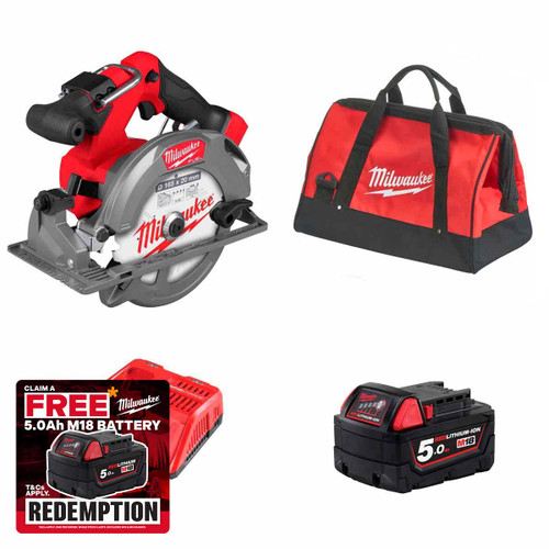 Milwaukee M18FCS552-501B FUEL™ 165mm Compact Circular Saw with Contractor Tool Bag, 1x 5.0Ah Battery & Rapid Charger