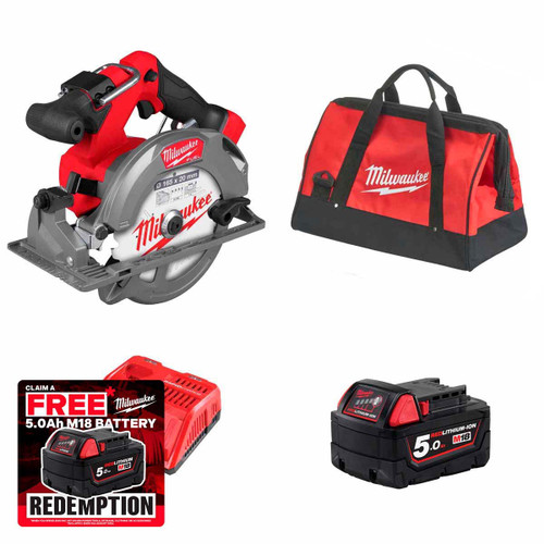 Milwaukee M18FCS552-501B FUEL™ 165mm Compact Circular Saw with Contractor Tool Bag, 1x 5.0Ah Battery & Rapid Charger