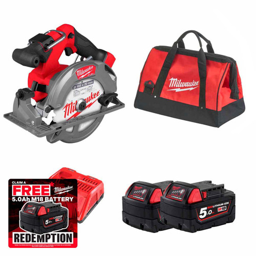 Milwaukee M18FCS552-502B FUEL™ 165mm Compact Circular Saw with Contractor Tool Bag, 2x 5.0Ah Battery & Rapid Charger