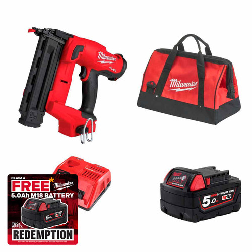 Milwaukee M18FN18GS-501B 18V Fuel Straight Second Fix Nail Gun with 1x 5.0Ah Battery, Rapid Charger & Contractor Tool Bag