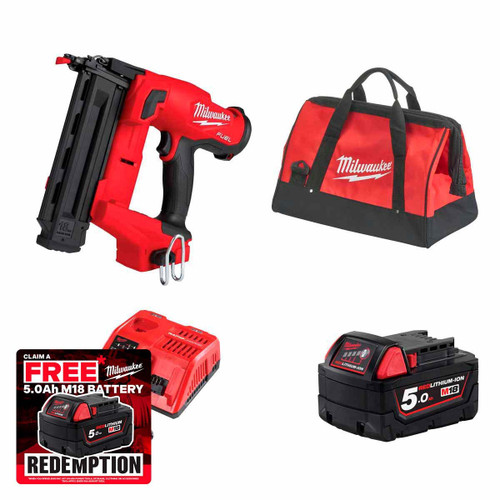 Milwaukee M18FN18GS-501B 18V Fuel Straight Second Fix Nail Gun with 1x 5.0Ah Battery, Rapid Charger & Contractor Tool Bag