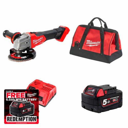 Milwaukee MILM18FSAG115X-501B 18V Fuel 115mm Angle Grinder with 1x 5.0Ah Battery, Rapid Charger & Contractor Tool Bag