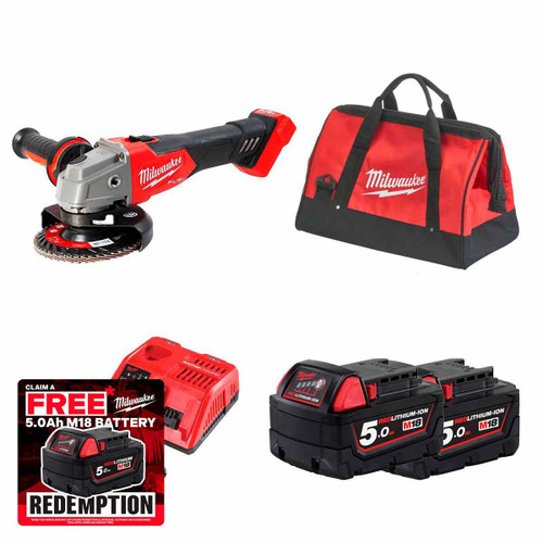 Milwaukee M18FSAG115X-502B 18V Fuel 115mm Angle Grinder with 2x 5.0Ah Batteries, Rapid Charger & Contractor Tool Bag