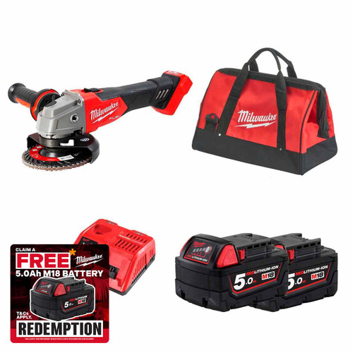 Milwaukee M18FSAG115X-502B 18V Fuel 115mm Angle Grinder with 2x 5.0Ah Batteries, Rapid Charger & Contractor Tool Bag
