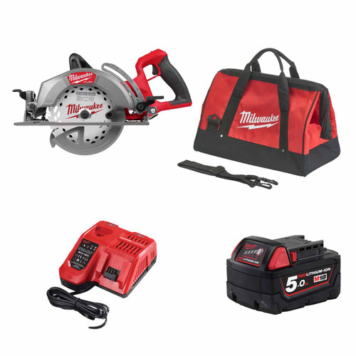 Milwaukee M18FCSRH662-0 18V Fuel Gen 2 Rear Handled 190mm Circular Saw with 1x 5.0Ah Battery, Rapid Charger & Contractor Tool Bag