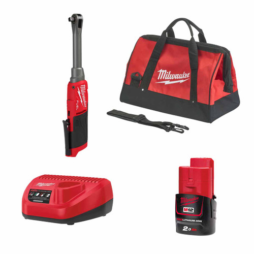 Milwaukee M12FHIR38LR-201B 12V FUEL 3/8" Extended Reach Impact Ratchet with 1x 2.0Ah Battery, Charger & Contractor Tool Bag