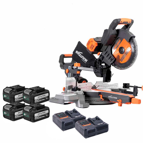 Evolution R255SMS-DB-18V4X5 36V EXT Double Bevel Mitre Saw and 4x 5.0Ah Batteries