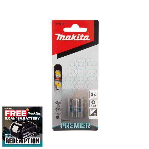 Makita E-03171 Impact Premier Torsion Bit PZ2 25mm (2 Pack)
