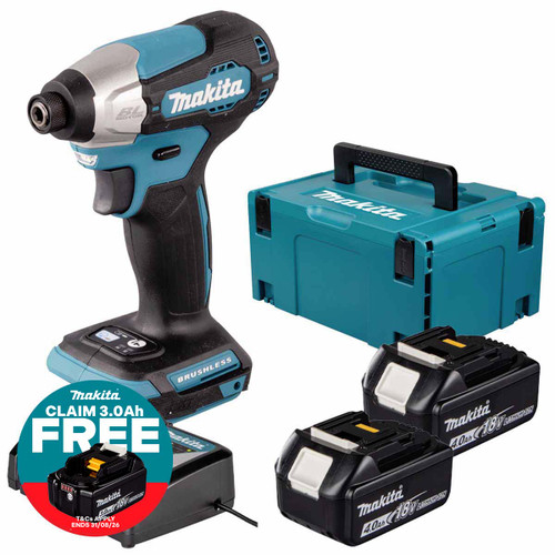 Makita DTD157Z LXT 18V Brushless Impact Driver with 2x 4.0Ah Batteries, Charger & Makpac Carry Case