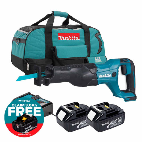 Makita DJR186Z 18V LXT Reciprocating Saw with 2x 3.0Ah Batteries, Charger and Heavy Duty Toolbag