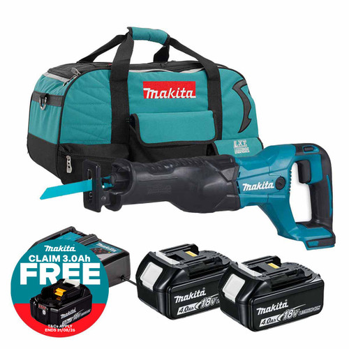 Makita DJR186Z 18V LXT Reciprocating Saw with 2x 4.0Ah Batteries, Charger and Heavy Duty Toolbag