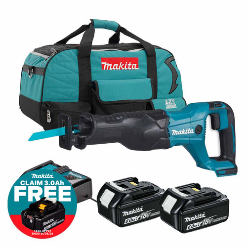 Makita DJR186Z 18V LXT Reciprocating Saw with 2x 6.0Ah Batteries, Charger and Heavy Duty Toolbag