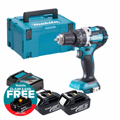 Makita DHP484Z 18V LXT Brushless Combi Drill with 2x 3.0Ah Batteries, Charger and Makpac Carry Case