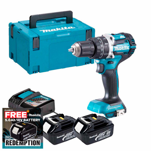 Makita DHP484Z 18V LXT Brushless Combi Drill with 2x 3.0Ah Batteries, Charger and Makpac Carry Case