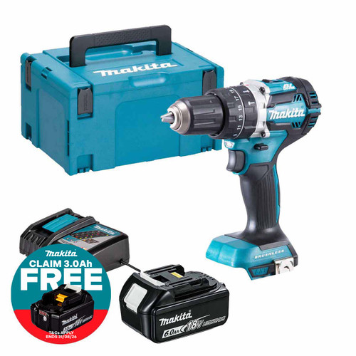 Makita DHP484Z 18V LXT Brushless Combi Drill with 1x 6.0Ah Battery, Charger and Makpac Carry Case