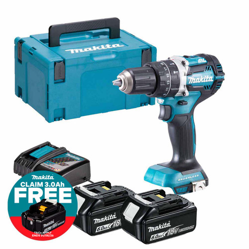 Makita DHP484Z 18V LXT Brushless Combi Drill with 2x 6.0Ah Batteries, Charger and Makpac Carry Case
