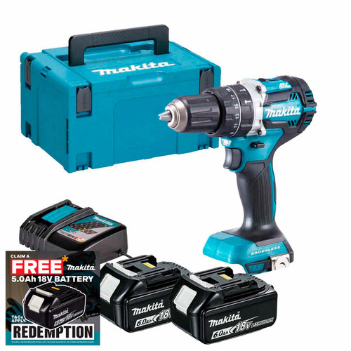 Makita DHP484Z 18V LXT Brushless Combi Drill with 2x 6.0Ah Batteries, Charger and Makpac Carry Case