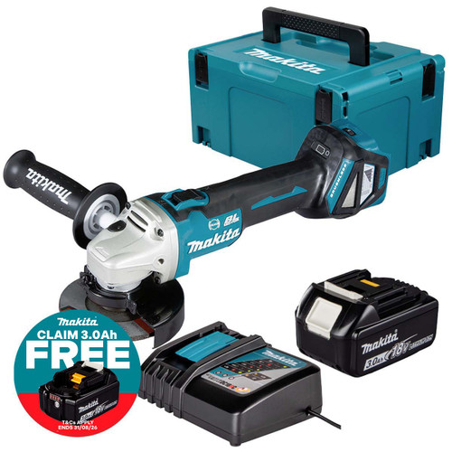 Makita DGA463Z LXT 18V Brushless 115mm Angle Grinder with 1x 3.0Ah Battery, Charger and Makpac Carry Case
