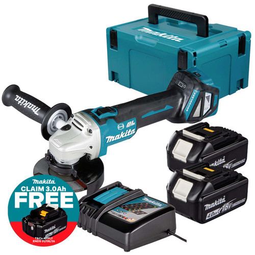 Makita DGA463Z LXT 18V Brushless 115mm Angle Grinder with 2x 4.0Ah Batteries, Charger and Makpac Carry Case