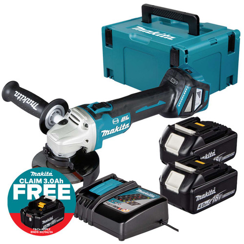 Makita DGA463Z LXT 18V Brushless 115mm Angle Grinder with 2x 4.0Ah Batteries, Charger and Makpac Carry Case